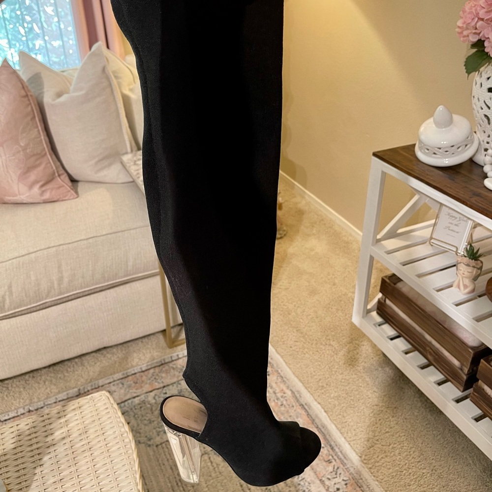 Black, Mix No. 6, Thigh High, Open Toe/Heel Boots, Clear Heel.